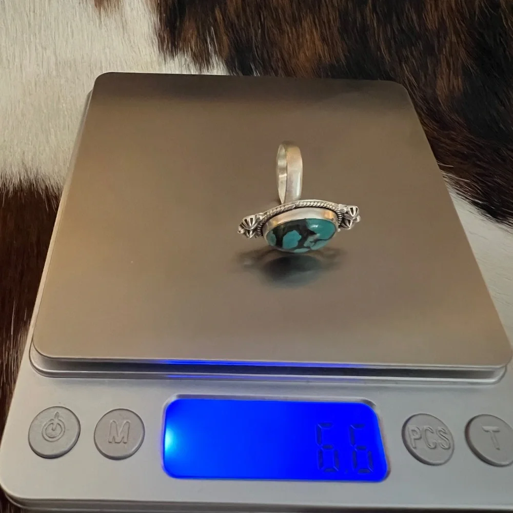 ❤️ Hubei Turquoise Navajo Style Spiderweb Decorative ADJ Oval Matte 925 Ring - Picture 6 of 14